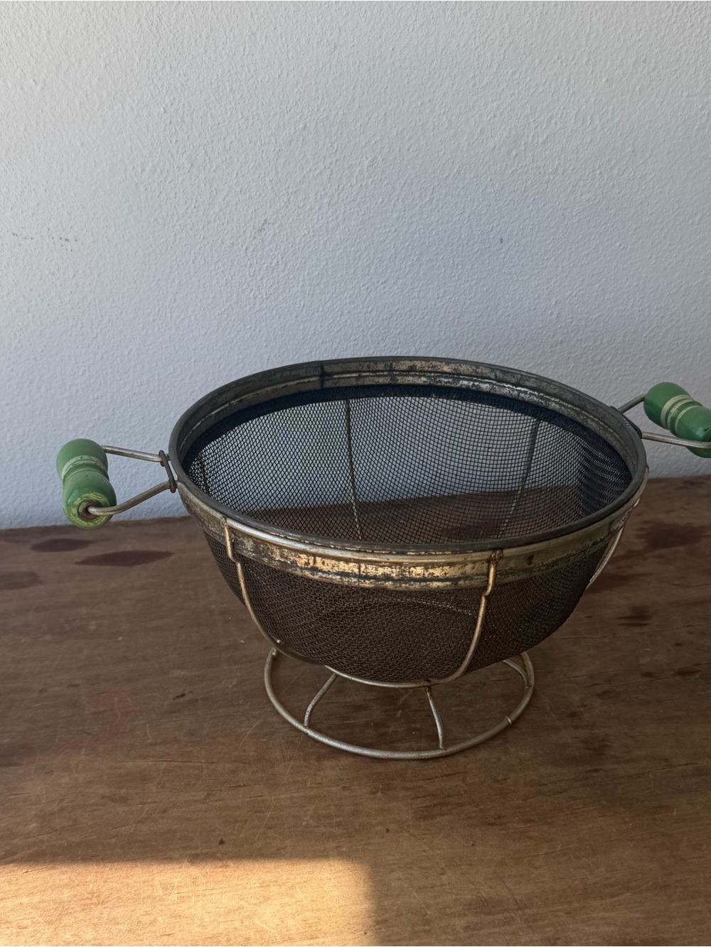 Vintage Metal Mesh Colander with Green Wooden Handles